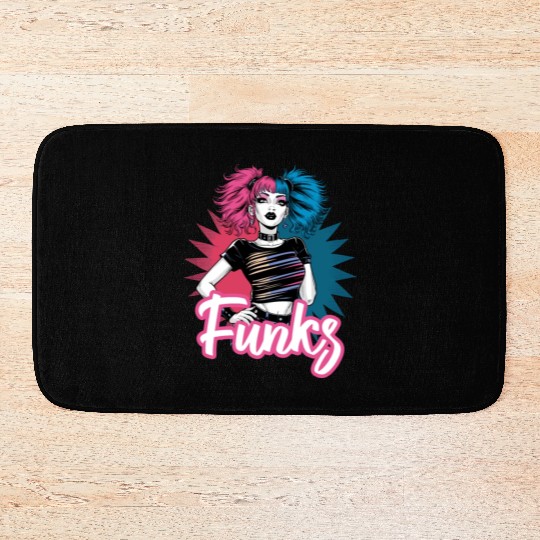 Funky girl with pink and blue hair retro style Bath Mats
