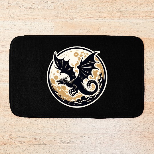 Mystical Dragon Silhouette Against Full Moon Bath Mats