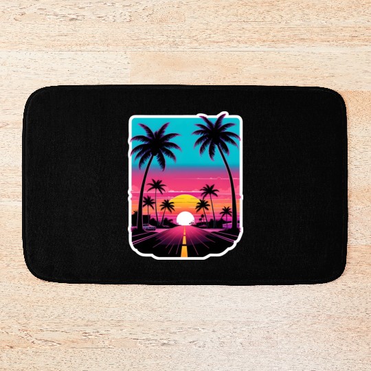 Lonely Road to Miami Sunset Vaporwave 80s Bath Mats