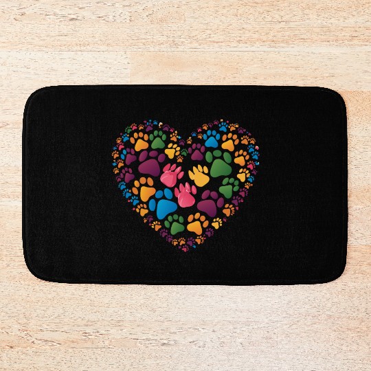 Colorful Cat Paw Prints Forming a Heart Shape Bath Mats