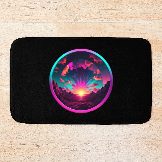 Synthwave Colorful Cosmos Design inside Circle Bath Mats