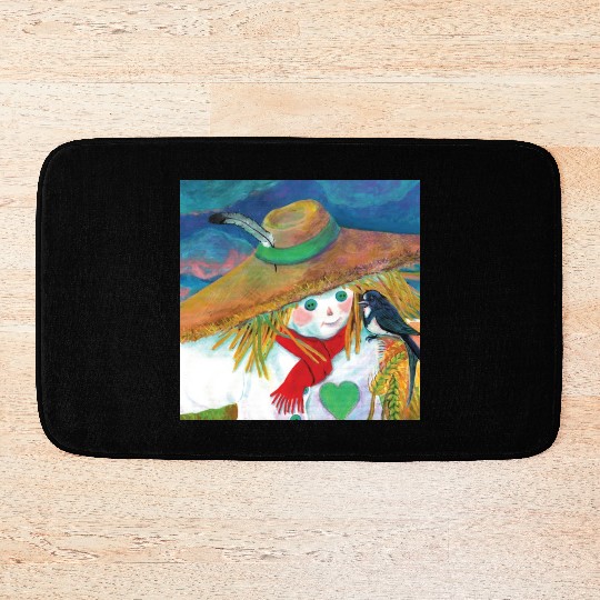 Cute Scarecrow And Barn Swallow Illustration Bath Mats