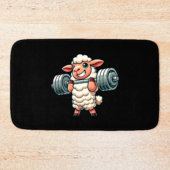 Cute sheep lamb weightlifter fitness workout Bath Mats