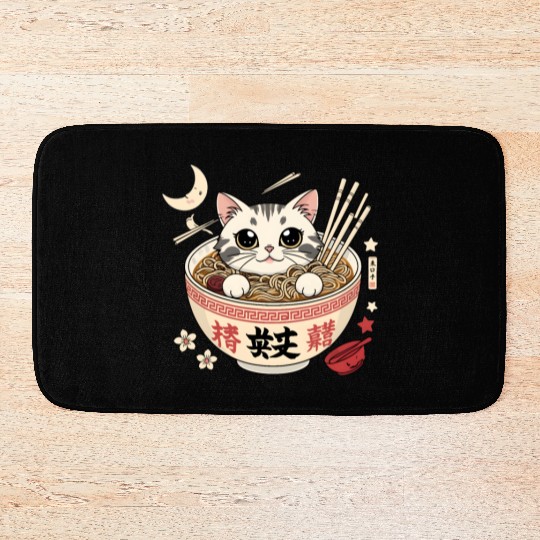 Kawaii Ramen Cat Japanese Noodles for Otaku Lovers Bath Mats
