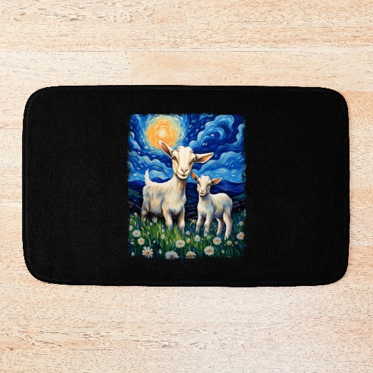 Goats Farm Animals Farmer Starry Night Painting Bath Mats