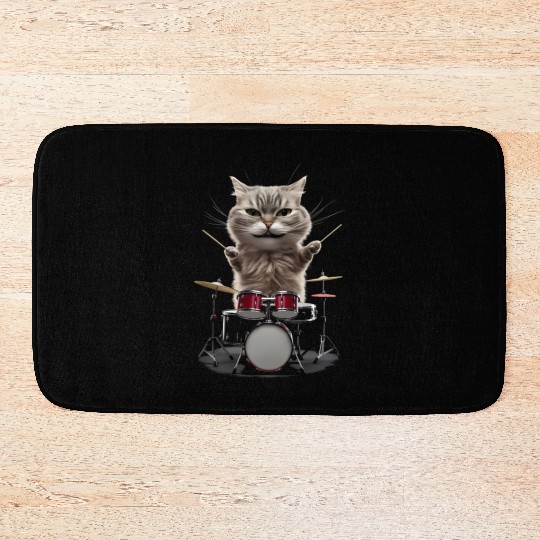 Cat Playing Drums Realistic Bath Mats