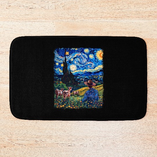 Cow Farmer Farming Farm Starry Night Painting Bath Mats