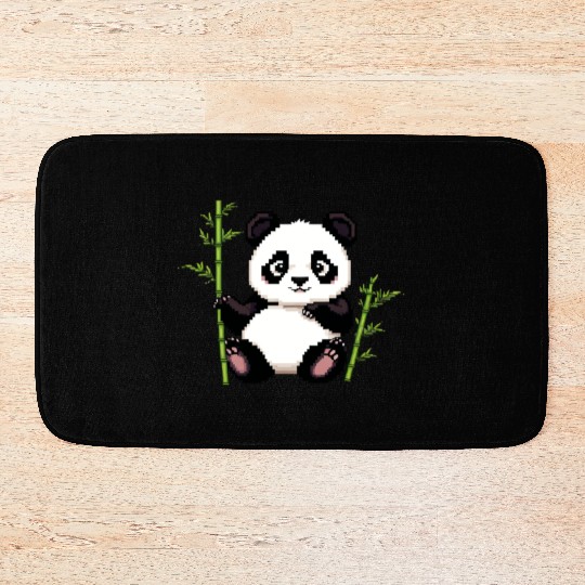 A pixel art of a panda with a bamboo leaf Bath Mats