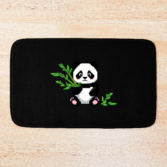 A pixel art of a panda with a bamboo leaf Bath Mats