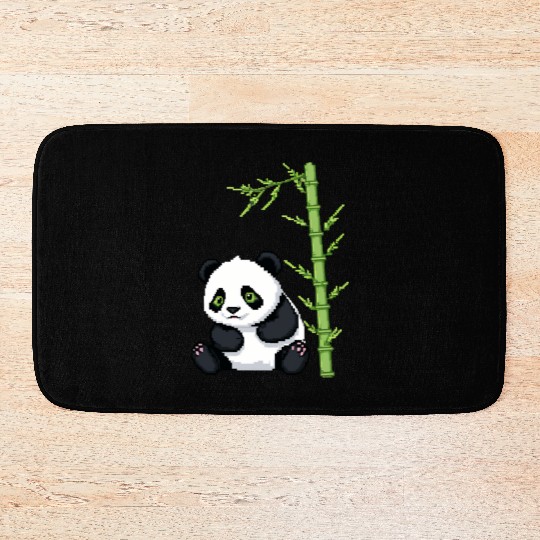 A pixel art of a panda with a bamboo leaf Bath Mats