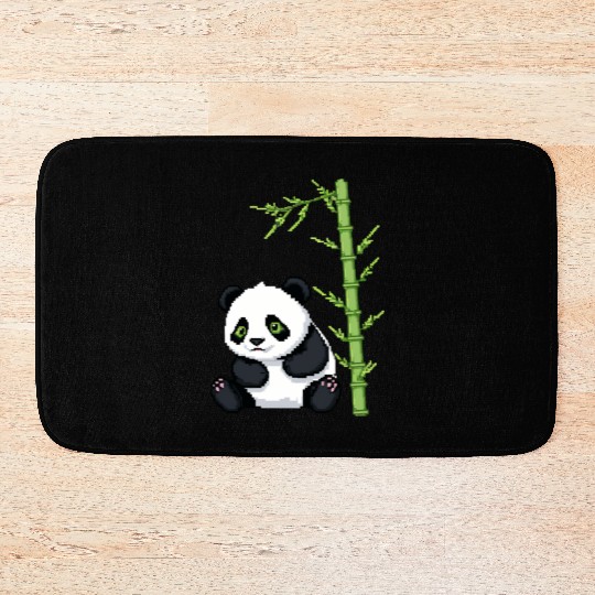 A pixel art of a panda with a bamboo leaf Bath Mats