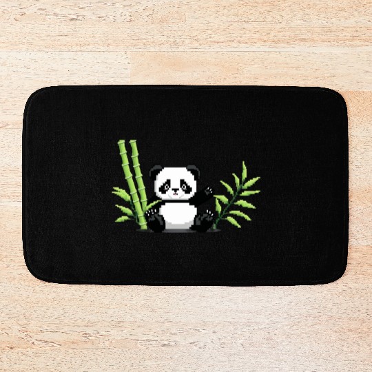 A pixel art of a panda with a bamboo leaf Bath Mats