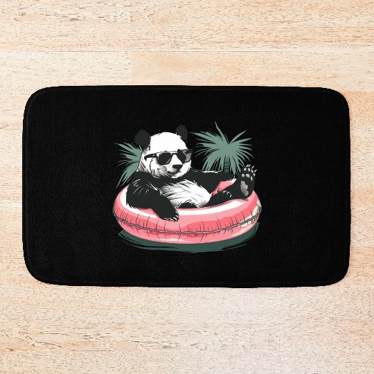 Panda with sunglasses in a pink swimming ring Bath Mats