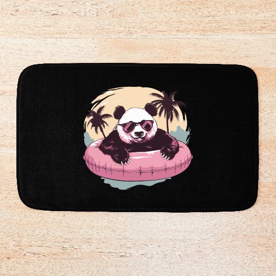 Panda with sunglasses a pink swimming ring in Pool Bath Mats