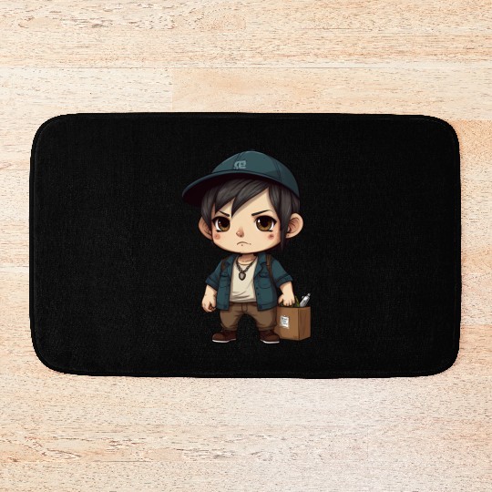 Chibi Boy with a Serious Expression Bath Mats
