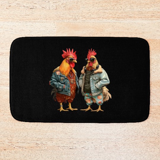 Chickens in chic streetwear attire Bath Mats