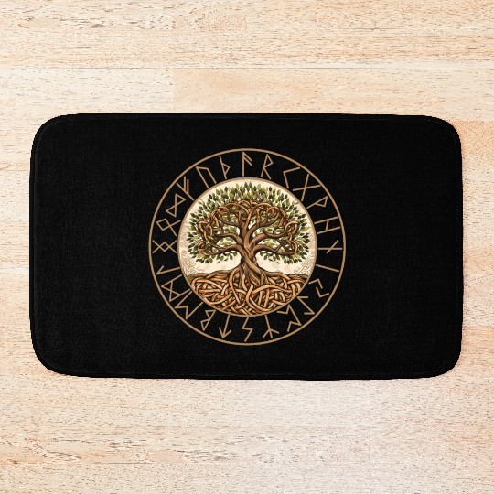 Viking runes tree of Life round frame celtic Bath Mats