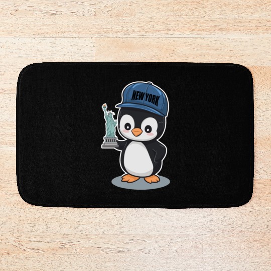 New York Penguin Holding Statue Of Liberty Bath Mats