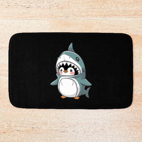 Cute Penguin in Shark Costume Fun Animal Outfit Bath Mats