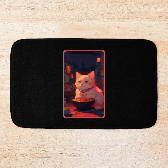 Anime Cute Cat Eating Ramen Bath Mats