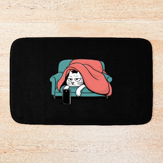 Bored Cat on Couch With Smart Phone Bath Mats