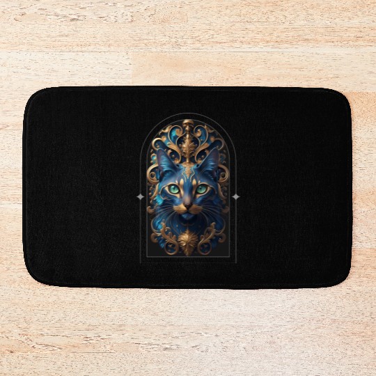 Elegant stylish blue and gold cat face Bath Mats