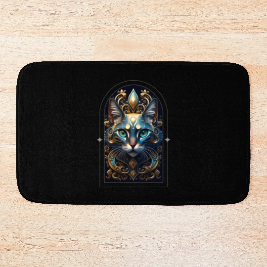 Elegant stylish blue and gold cat face Bath Mats