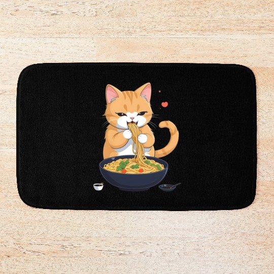 Funny Kawaii Cat Eating Ramen Noodles Japanese Bath Mats