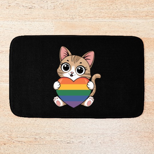 Cute Cat Holding Rainbow Heart LGTBQ Bath Mats