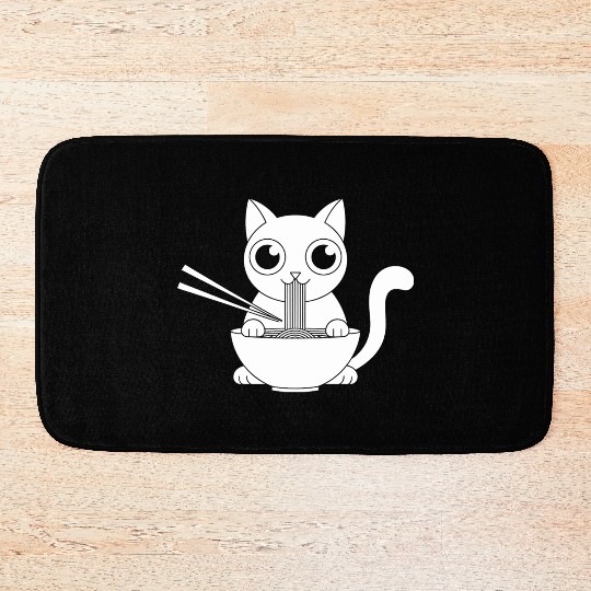 Cute Cat Eating Ramen Kawaii Food Design Bath Mats