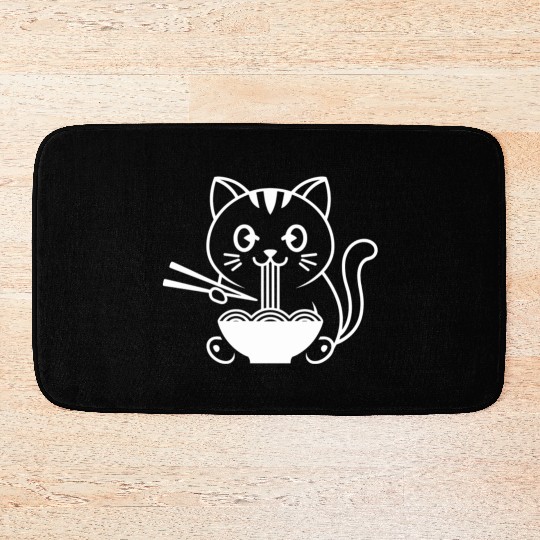 Cute Cat Eating Ramen Kawaii Food Design Bath Mats