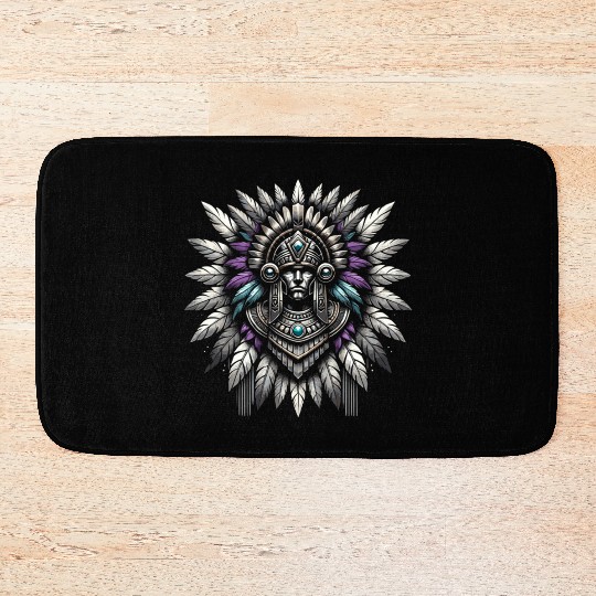 Aztec Warrior Mask with Tribal Art and Ancient Bath Mats