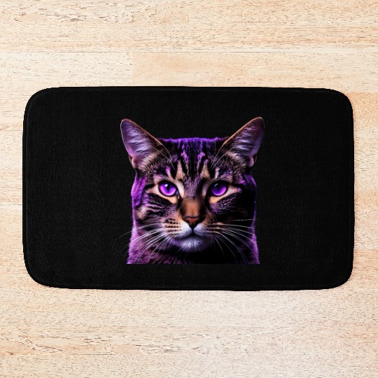 Vivid Lilac-Eyed Tabby Cat Portrait Bath Mats
