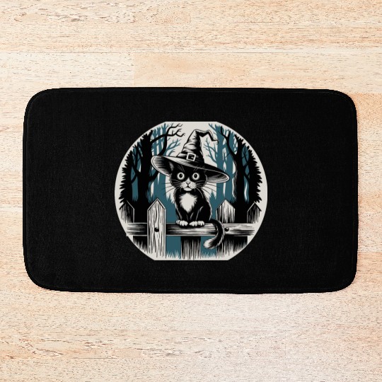 Cute Witch Cat Sitting On Fence In The Forest Bath Mats