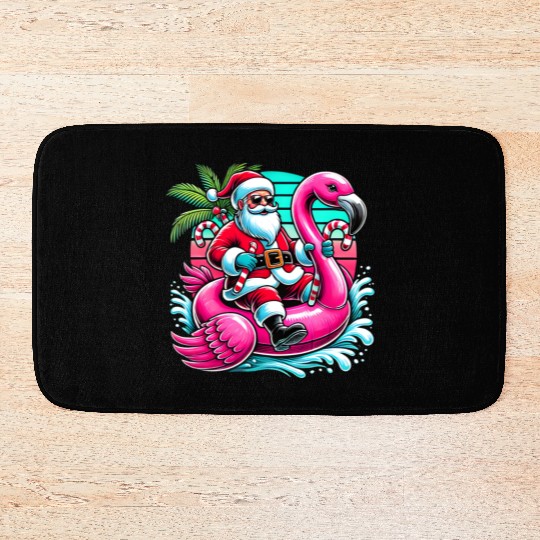 Santa Riding Flamingo in Tropical Christmas Fun Bath Mats