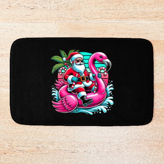 Santa Riding Flamingo in Tropical Christmas Fun Bath Mats