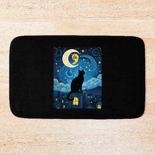 Halloween Starry Night Black Cat Comma La Harris Bath Mats