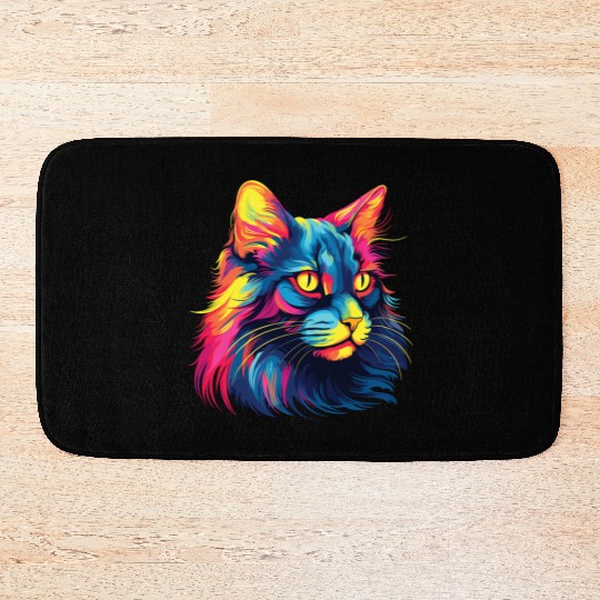 Cat Watercolor Colorful Maine Cat Bath Mats