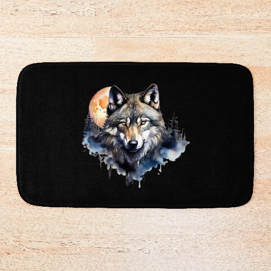 Wolf Portrait Under Full Moon Design Bath Mats