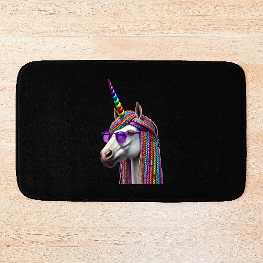 Rainbow Unicorn with Braids and Sunglasses Swag Bath Mats