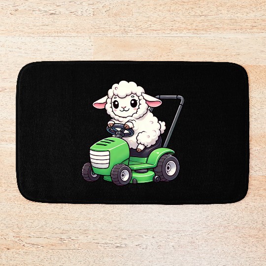 Funny sheep lawn mower farmer lamb grass Bath Mats