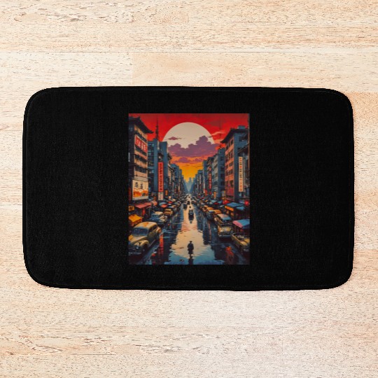 Twilight Reflections in Neon City Bath Mats