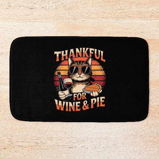 Cat with Wine and Pie - Thanksgiving Feast Happine Bath Mats