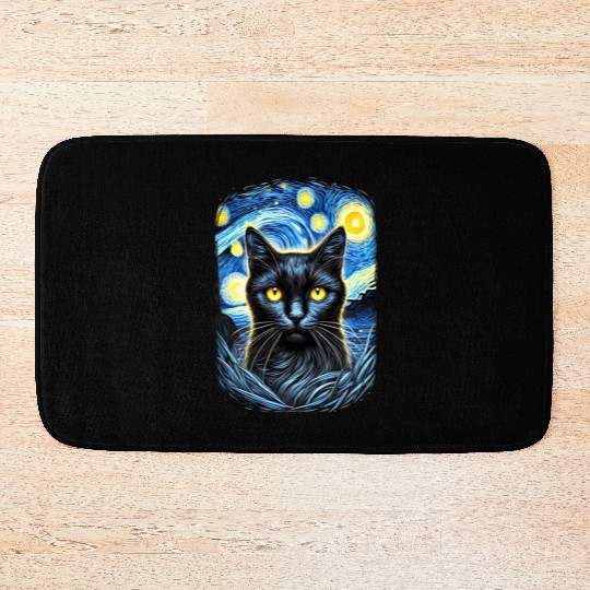 Funny Starry Night Black Cat Van Gogh Art Cat Bath Mats