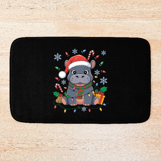 Cute Christmas Hippo - Holiday Lights and Gifts Bath Mats