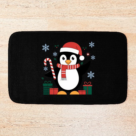 Cute Christmas Penguin - Candy Cane and Gifts Bath Mats