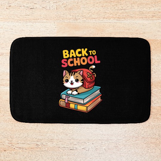 Playful Cat Back to School Illustration Bath Mats