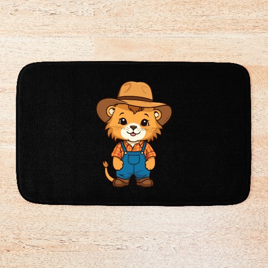 baby lion dressed as a farmer Bath Mats