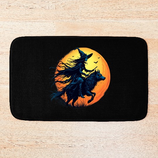 Halloween Witch Riding a Wolf Under Full Moon Bath Mats