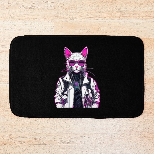 Cyberpunk Cat: Neon Outlaw Bath Mats
